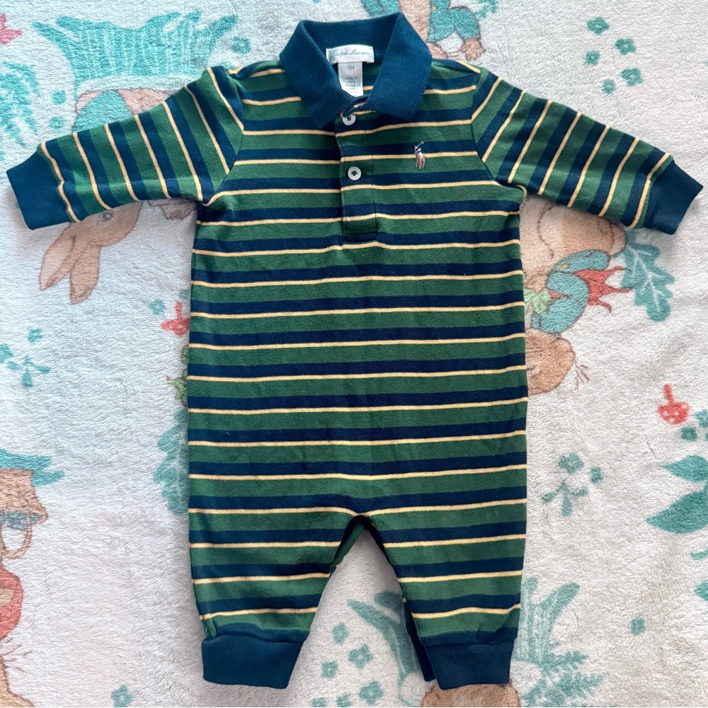 Vintage Ralph Lauren Baby Romper 3M Striped Polo One Piece Preppy Classic